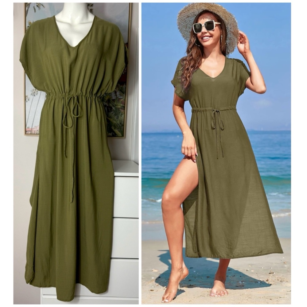 Andeip Olive Green V-Neck Swim Beach Cover Up Lightweight Maxi Dress XL